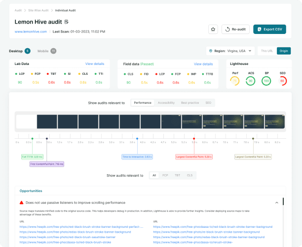 Diagnostics of each URLs along with opportunities for optimization