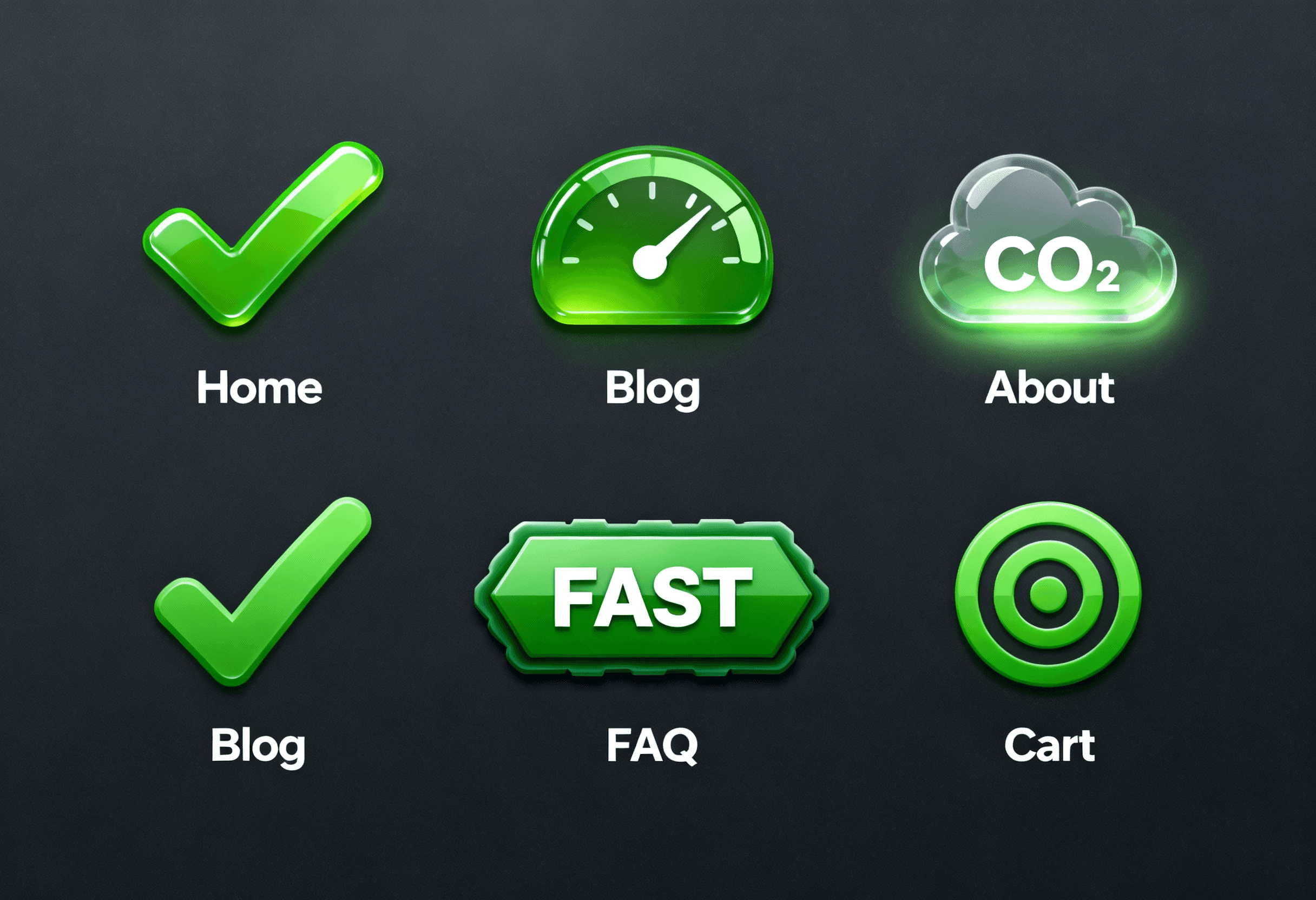 Illustration of six web page icons labeled Home, Blog, About, FAQ, Cart, and Blog, each with green-themed graphics on a gradient green background.